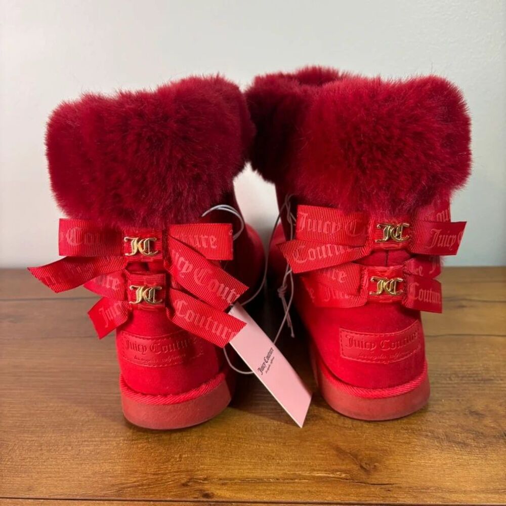 Juicy Couture King Red Faux Fur Ribbon Bow Ankle Boots NWT Womens Y2K Revival